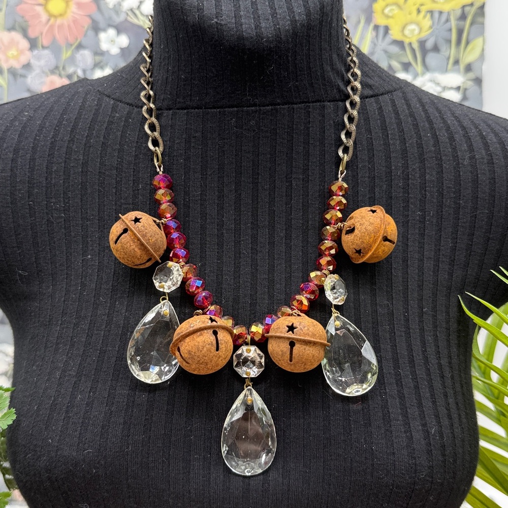 👑Adorned Crown Jewelry assemblage Christmas rusty jingle bell crystal necklace